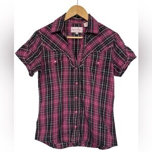 Panhandle Slim Pink Black Plaid Western Shirt Women’s Small Short Sleeve Snap